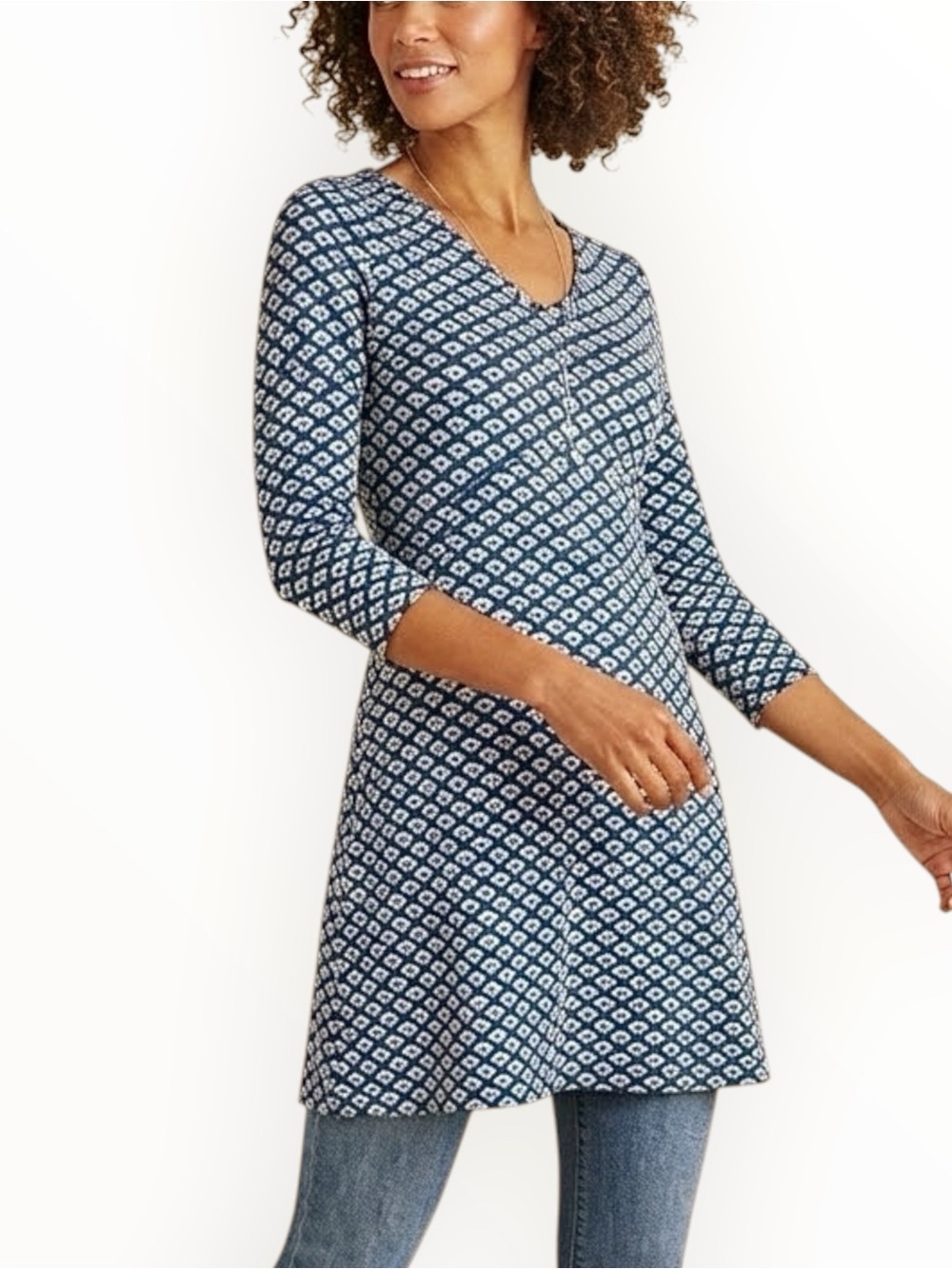 Boden Tori V-Neck Jersey Knit Blue Geo Print Empire Waist Tunic Dress Women’s 12